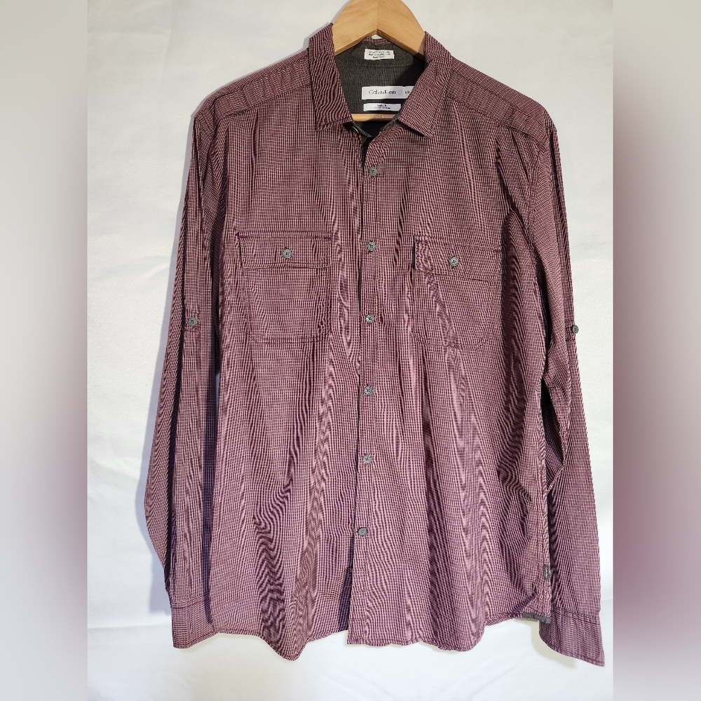 Calvin Klein Burgandy & Gray Plaid Button Down Shirt